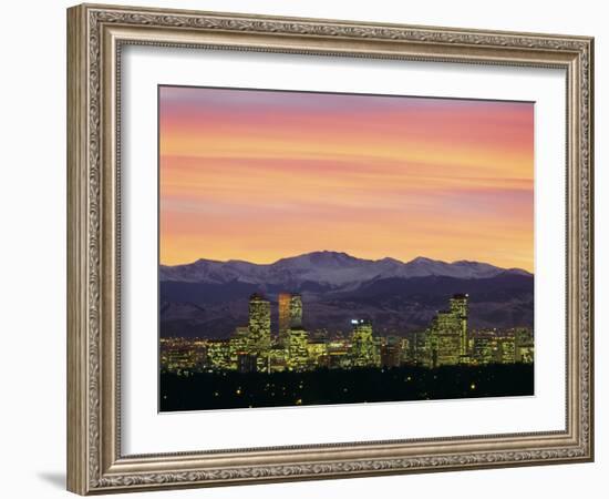 Skyline and Mountains at Dusk, Denver, Colorado, USA-null-Framed Photographic Print