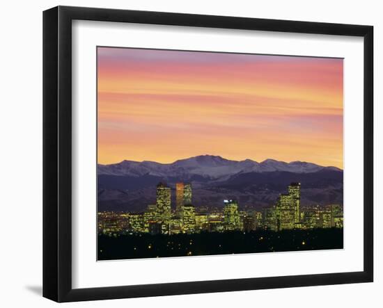 Skyline and Mountains at Dusk, Denver, Colorado, USA-null-Framed Photographic Print