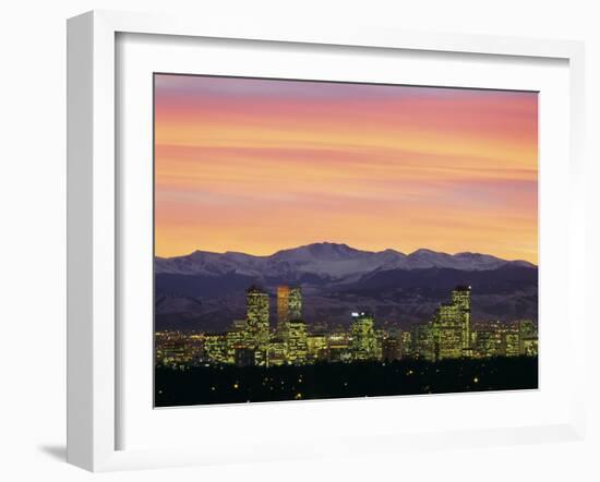 Skyline and Mountains at Dusk, Denver, Colorado, USA-null-Framed Photographic Print