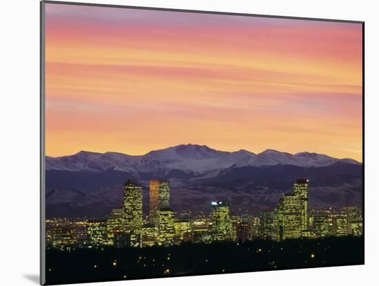 Skyline and Mountains at Dusk, Denver, Colorado, USA-null-Mounted Photographic Print