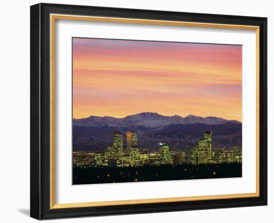 Skyline and Mountains at Dusk, Denver, Colorado, USA-null-Framed Photographic Print