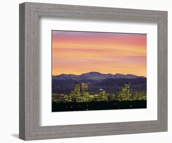 Skyline and Mountains at Dusk, Denver, Colorado, USA-null-Framed Photographic Print