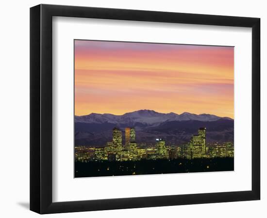 Skyline and Mountains at Dusk, Denver, Colorado, USA--Framed Photographic Print