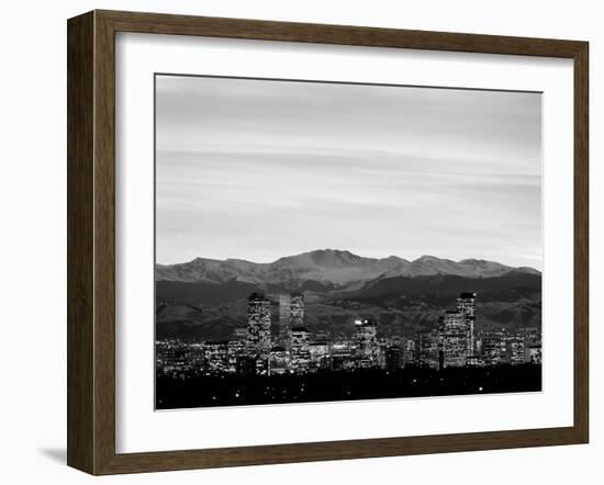 Skyline and mountains at dusk, Denver, Colorado, USA-null-Framed Photographic Print