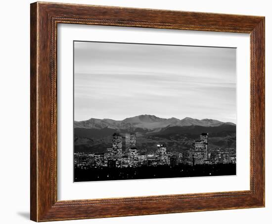 Skyline and mountains at dusk, Denver, Colorado, USA-null-Framed Photographic Print