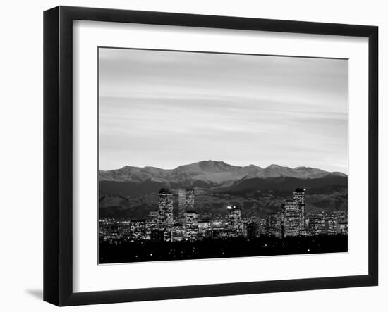 Skyline and mountains at dusk, Denver, Colorado, USA-null-Framed Photographic Print