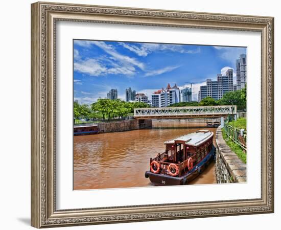 Skyline and Tug Boats on River, Singapore-Bill Bachmann-Framed Photographic Print