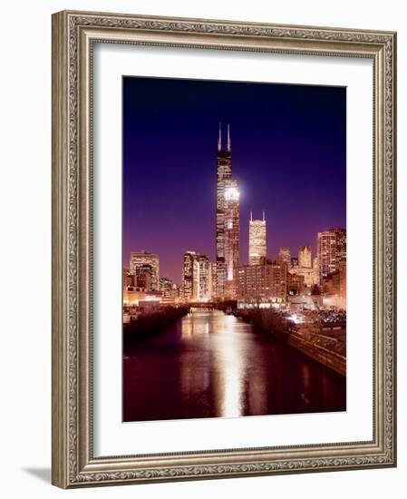 Skyline at night with Chicago River and Sears Tower, Chicago, Illinois, USA-Alan Klehr-Framed Photographic Print