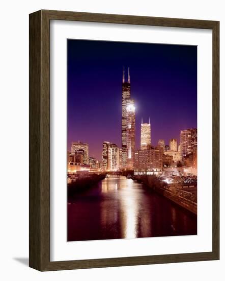 Skyline at night with Chicago River and Sears Tower, Chicago, Illinois, USA-Alan Klehr-Framed Photographic Print