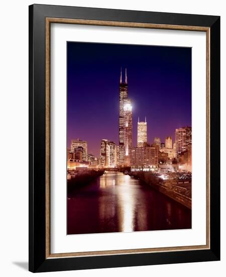 Skyline at night with Chicago River and Sears Tower, Chicago, Illinois, USA-Alan Klehr-Framed Photographic Print