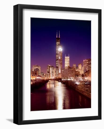 Skyline at night with Chicago River and Sears Tower, Chicago, Illinois, USA-Alan Klehr-Framed Photographic Print