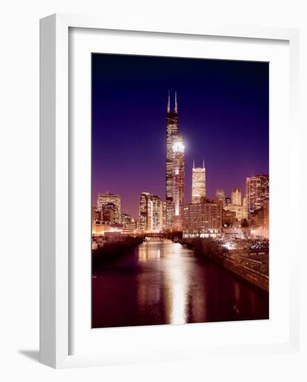 Skyline at night with Chicago River and Sears Tower, Chicago, Illinois, USA-Alan Klehr-Framed Photographic Print