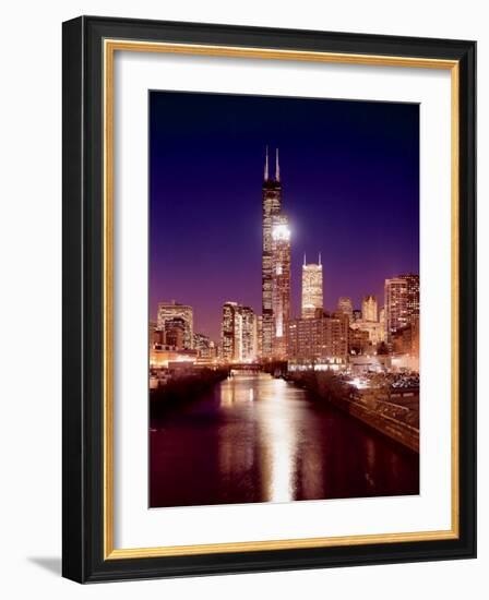 Skyline at night with Chicago River and Sears Tower, Chicago, Illinois, USA-Alan Klehr-Framed Photographic Print