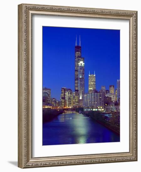 Skyline at night with Chicago River and Sears Tower, Chicago, Illinois, USA-Alan Klehr-Framed Photographic Print