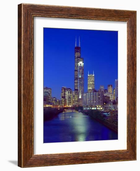 Skyline at night with Chicago River and Sears Tower, Chicago, Illinois, USA-Alan Klehr-Framed Photographic Print