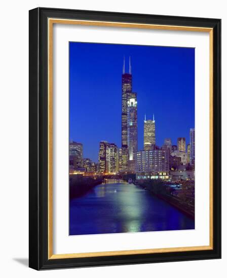 Skyline at night with Chicago River and Sears Tower, Chicago, Illinois, USA-Alan Klehr-Framed Photographic Print