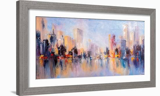 Skyline City View with Reflections on Water. Original Oil Painting on Canvas,-Elen11-Framed Photographic Print