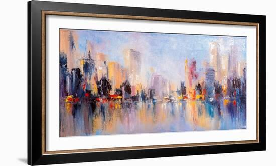 Skyline City View with Reflections on Water. Original Oil Painting on Canvas,-Elen11-Framed Photographic Print