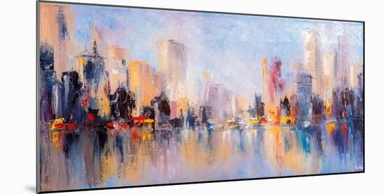 Skyline City View with Reflections on Water. Original Oil Painting on Canvas,-Elen11-Mounted Photographic Print