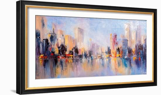 Skyline City View with Reflections on Water. Original Oil Painting on Canvas,-Elen11-Framed Photographic Print