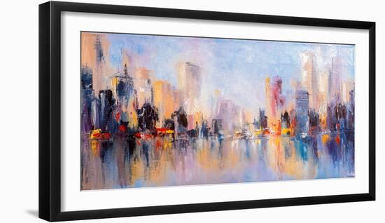 Skyline City View with Reflections on Water. Original Oil Painting on Canvas,-Elen11-Framed Premium Photographic Print