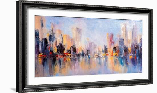 Skyline City View with Reflections on Water. Original Oil Painting on Canvas,-Elen11-Framed Premium Photographic Print