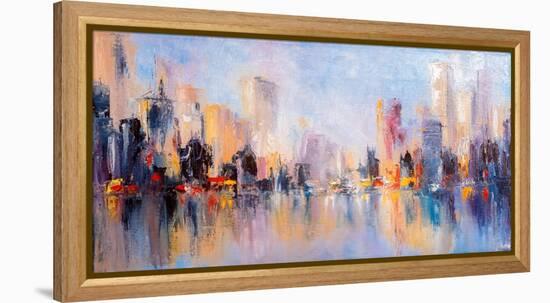 Skyline City View with Reflections on Water. Original Oil Painting on Canvas,-Elen11-Framed Premier Image Canvas