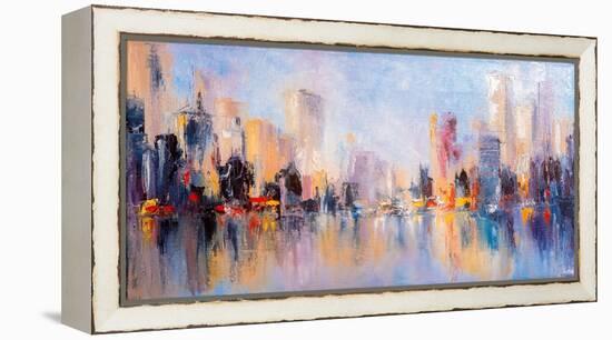 Skyline City View with Reflections on Water. Original Oil Painting on Canvas,-Elen11-Framed Premier Image Canvas
