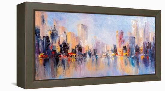 Skyline City View with Reflections on Water. Original Oil Painting on Canvas,-Elen11-Framed Premier Image Canvas