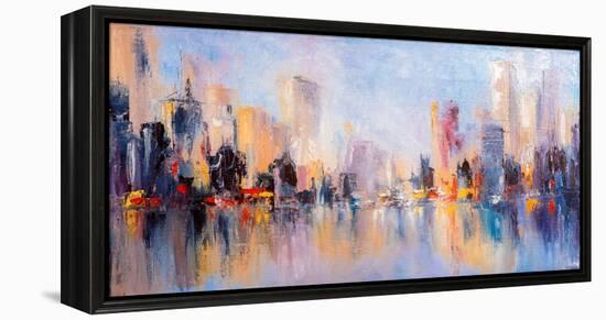 Skyline City View with Reflections on Water. Original Oil Painting on Canvas,-Elen11-Framed Premier Image Canvas