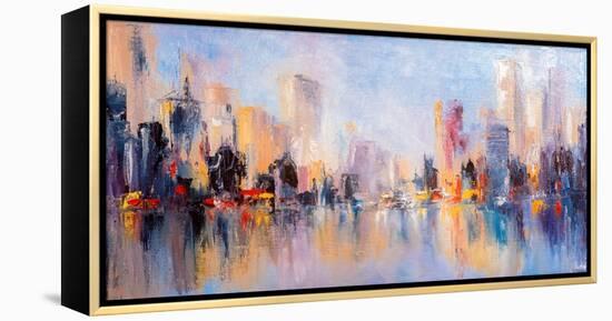 Skyline City View with Reflections on Water. Original Oil Painting on Canvas,-Elen11-Framed Premier Image Canvas