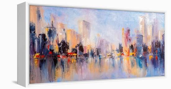 Skyline City View with Reflections on Water. Original Oil Painting on Canvas,-Elen11-Framed Premier Image Canvas