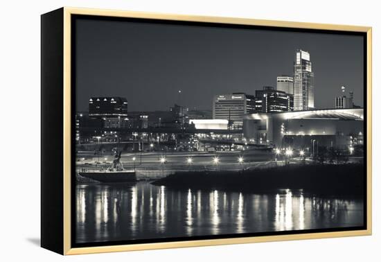 Skyline from the Missouri River at Dusk, Omaha, Nebraska, USA-Walter Bibikow-Framed Premier Image Canvas