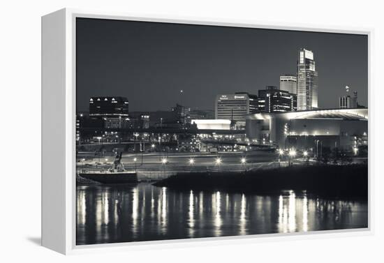 Skyline from the Missouri River at Dusk, Omaha, Nebraska, USA-Walter Bibikow-Framed Premier Image Canvas