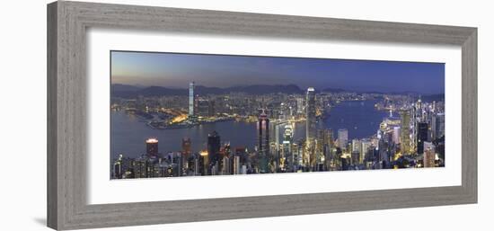 Skyline of Hong Kong Island and Kowloon from Victoria Peak at dusk, Hong Kong Island-Ian Trower-Framed Photographic Print