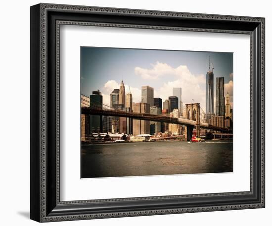 Skyline of NYC with One World Trade Center and East River, Manhattan and Brooklyn Bridge, Vintage-Philippe Hugonnard-Framed Art Print