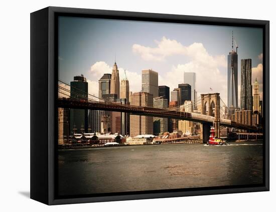 Skyline of NYC with One World Trade Center and East River, Manhattan and Brooklyn Bridge, Vintage-Philippe Hugonnard-Framed Stretched Canvas