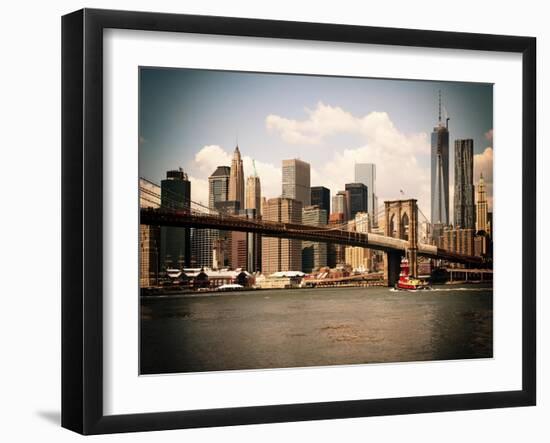 Skyline of NYC with One World Trade Center and East River, Manhattan and Brooklyn Bridge, Vintage-Philippe Hugonnard-Framed Art Print