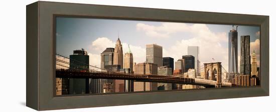 Skyline of NYC with One World Trade Center and East River, Vintage, Manhattan and Brooklyn Bridge-Philippe Hugonnard-Framed Premier Image Canvas