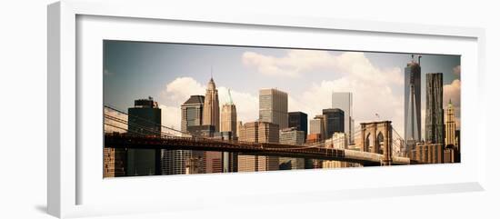 Skyline of NYC with One World Trade Center and East River, Vintage, Manhattan and Brooklyn Bridge-Philippe Hugonnard-Framed Photographic Print