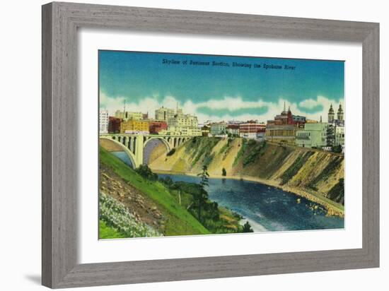 Skyline of Spokane, WA - Spokane, WA-Lantern Press-Framed Art Print