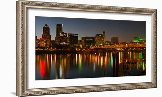 Skyline with City Light at Night, Portland, Multnomah County, Oregon, USA-null-Framed Photographic Print