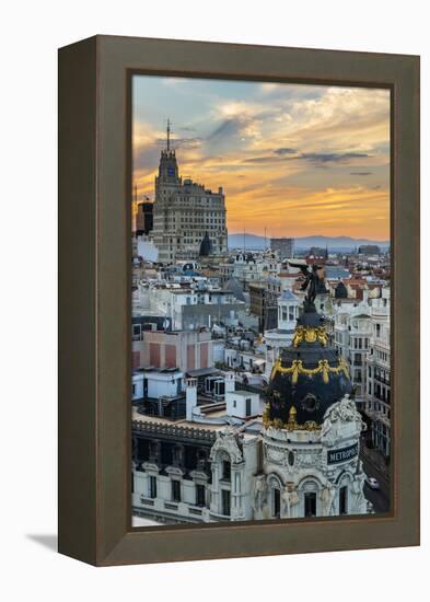 Skyline with Metropolis Building and Gran Via Street at Sunset, Madrid, Comunidad De Madrid, Spain-Stefano Politi Markovina-Framed Premier Image Canvas