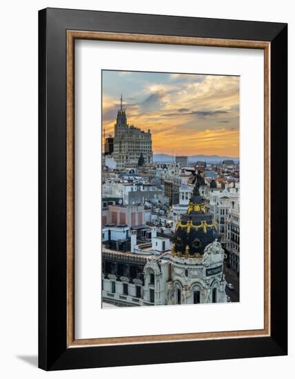 Skyline with Metropolis Building and Gran Via Street at Sunset, Madrid, Comunidad De Madrid, Spain-Stefano Politi Markovina-Framed Photographic Print