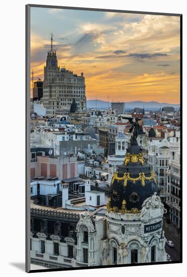 Skyline with Metropolis Building and Gran Via Street at Sunset, Madrid, Comunidad De Madrid, Spain-Stefano Politi Markovina-Mounted Photographic Print