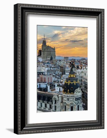 Skyline with Metropolis Building and Gran Via Street at Sunset, Madrid, Comunidad De Madrid, Spain-Stefano Politi Markovina-Framed Photographic Print