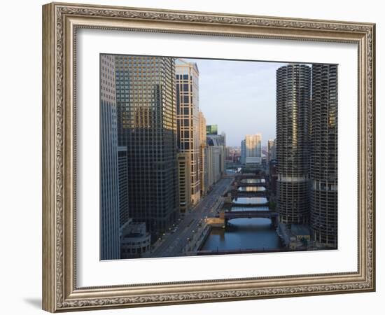 Skyscrapers Along the Chicago River and West Wacker Drive at Dawn, Chicago, Illinois, USA-Amanda Hall-Framed Photographic Print