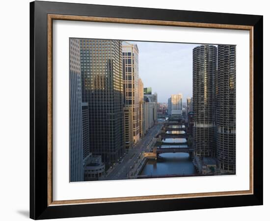 Skyscrapers Along the Chicago River and West Wacker Drive at Dawn, Chicago, Illinois, USA-Amanda Hall-Framed Photographic Print