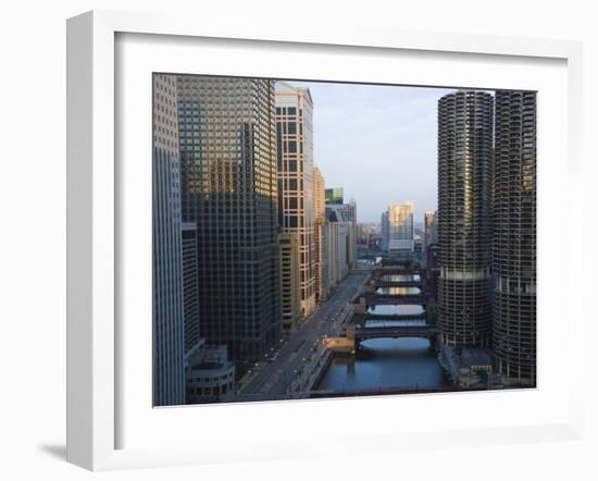 Skyscrapers Along the Chicago River and West Wacker Drive at Dawn, Chicago, Illinois, USA-Amanda Hall-Framed Photographic Print