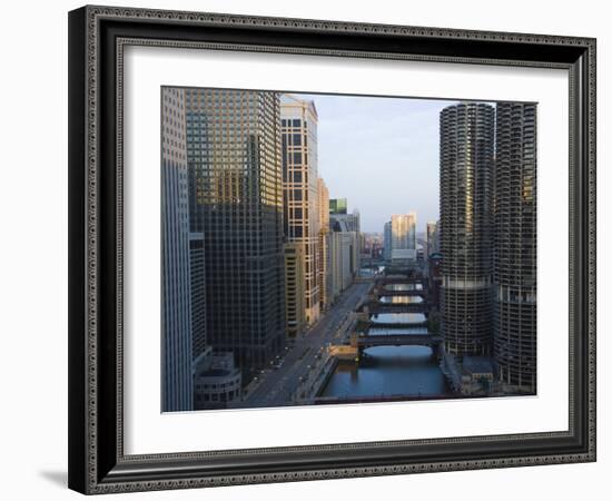 Skyscrapers Along the Chicago River and West Wacker Drive at Dawn, Chicago, Illinois, USA-Amanda Hall-Framed Photographic Print